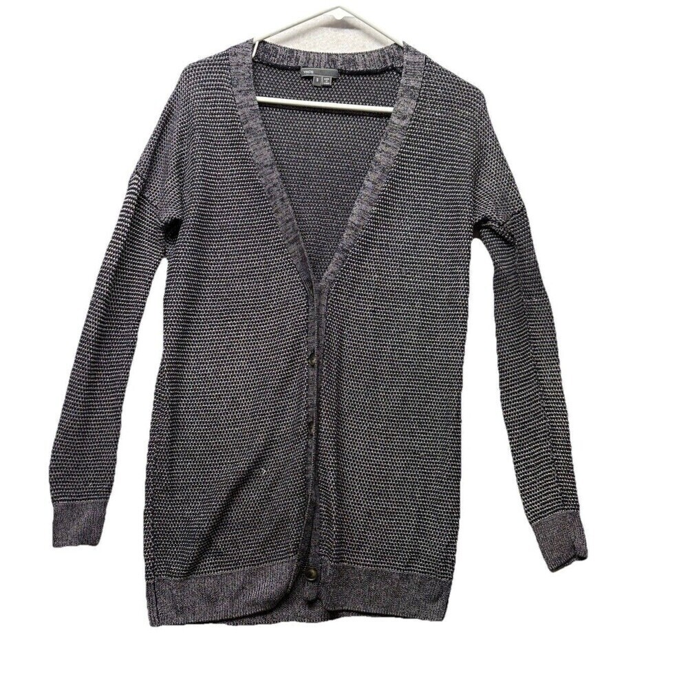 Vince Tunic Cardigan Sweater Womens Small Silver Black Linen Blend Long Sleeve